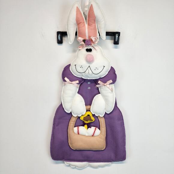 Easter Bunny w/ Chick & Eggs Felt Applique Wall Door Hanging Decor Purple Bows - Picture 1 of 9
